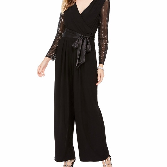 Jessica Howard Pants - Black sequin-Sleeve Jumpsuit Petite Small